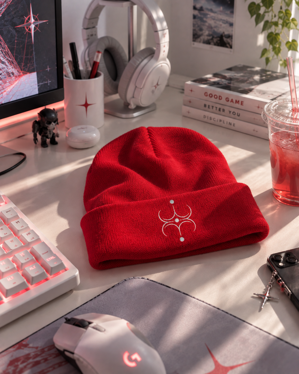 Red Gamer Beanie | Cyber Beanie | Cyberwear Hat | Techwear Winter Outfit | Gamer Streetwear | CODE 001