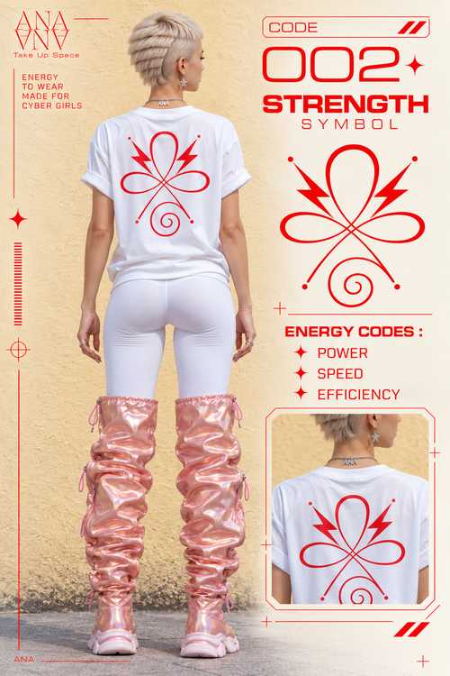 White graphic t-shirt for women featuring a bold red cyberpunk symbol. CODE 002 — STRENGTH is designed for cyber girls, gamers and digital creators.