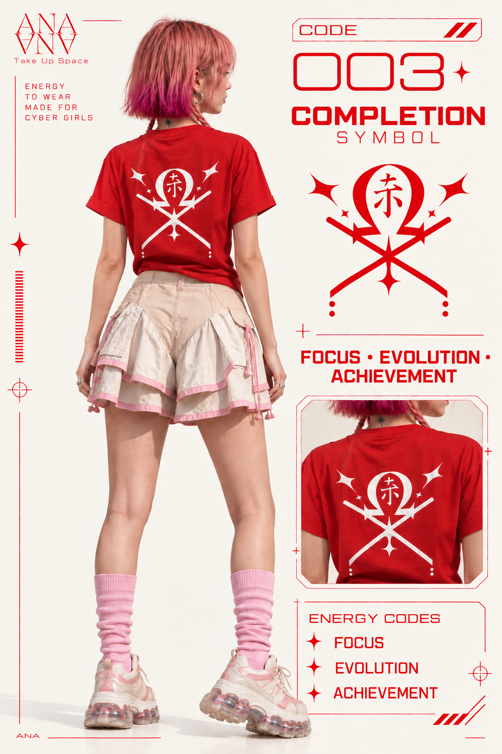 Gamer Girl graphic tee shirt for girls bold red, featuring the CODE 003 — COMPLETION symbol. A futuristic cyber punk piece made for cyber girls, gamers girl and cyber souls