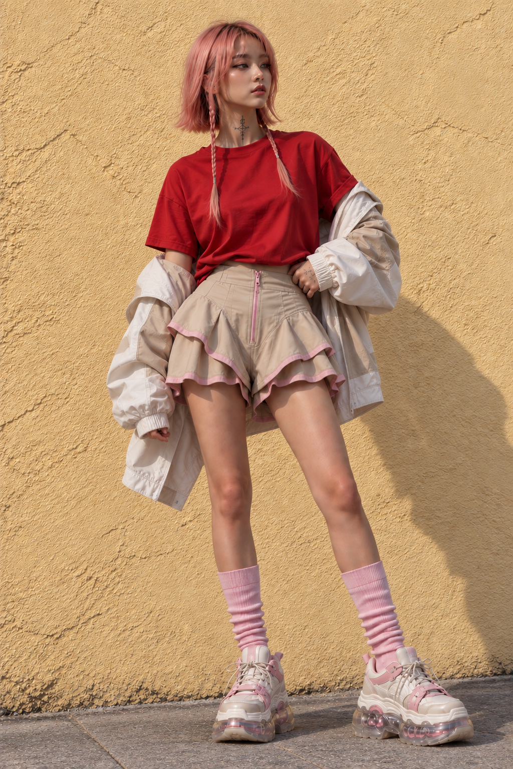 Cyberpunk girl fashion for women featuring a bold red CODE 003 — COMPLETION t-shirt. A futuristic streetwear look blending techwear style, gamer girl energy and modern cyber fashion.