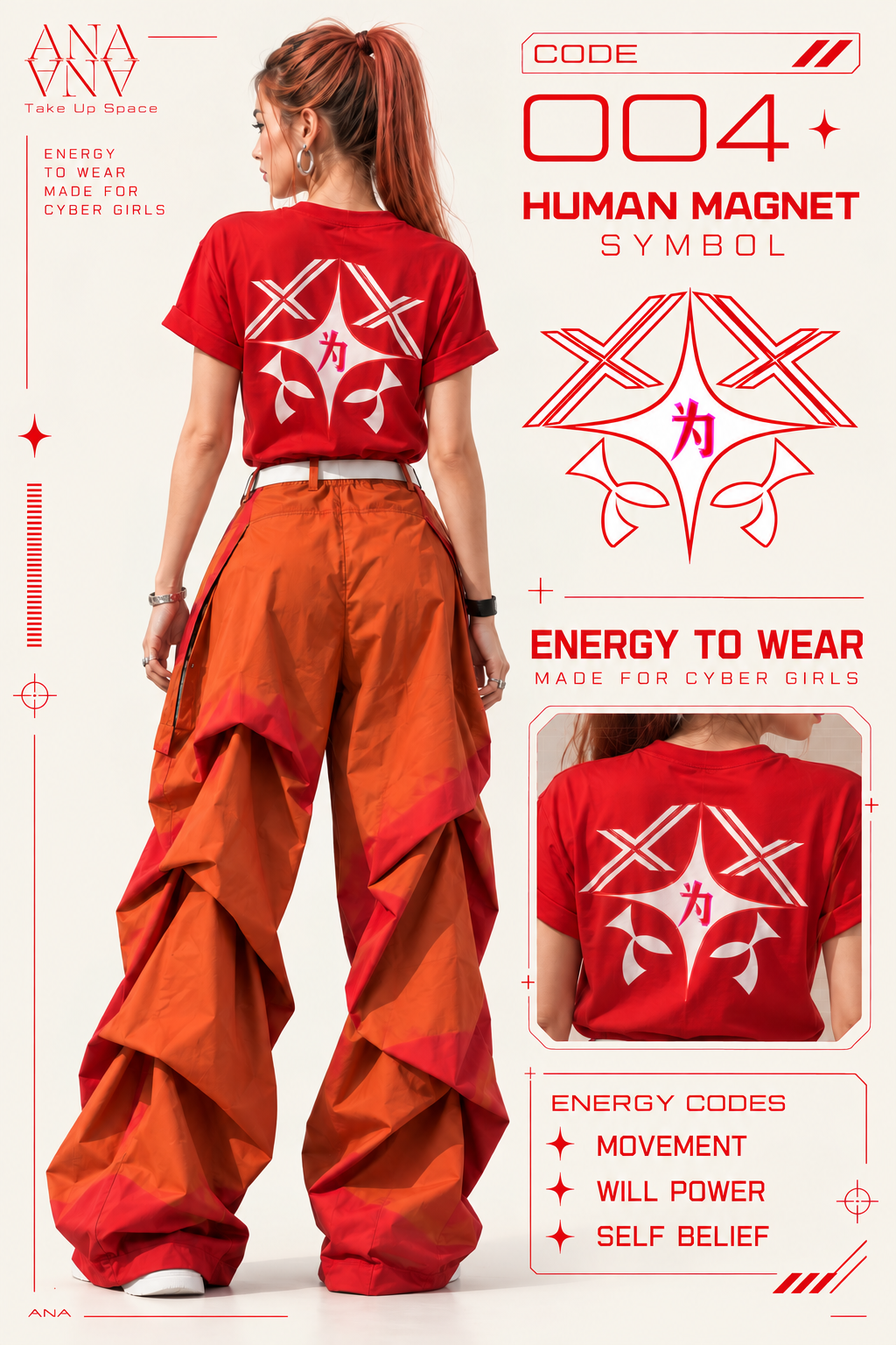 Bold Red cyber punk shirt with a white futuristic symbol, designed for cyberpunk girls who love unique graphic tees, techwear fashion and edgy streetwear.