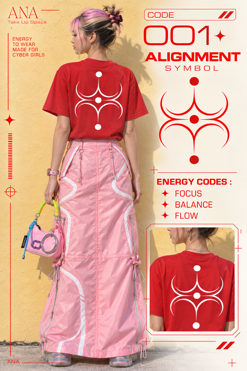 the image showing a young women with a pink pastel techwear long skirt, a small colorful techwear bag trend 2026 and a red t-shirt with a white geometric abstract graphic printed on the back, she have pink, blond and dark hair, the image showing next to her the specificities of the symbol printed on the shirt with the key word of the meaning of it and a small image zoom on the graphic, the girl background is yellow pastel and the specificities are writen in red on a white gradiant background. cyber futurist