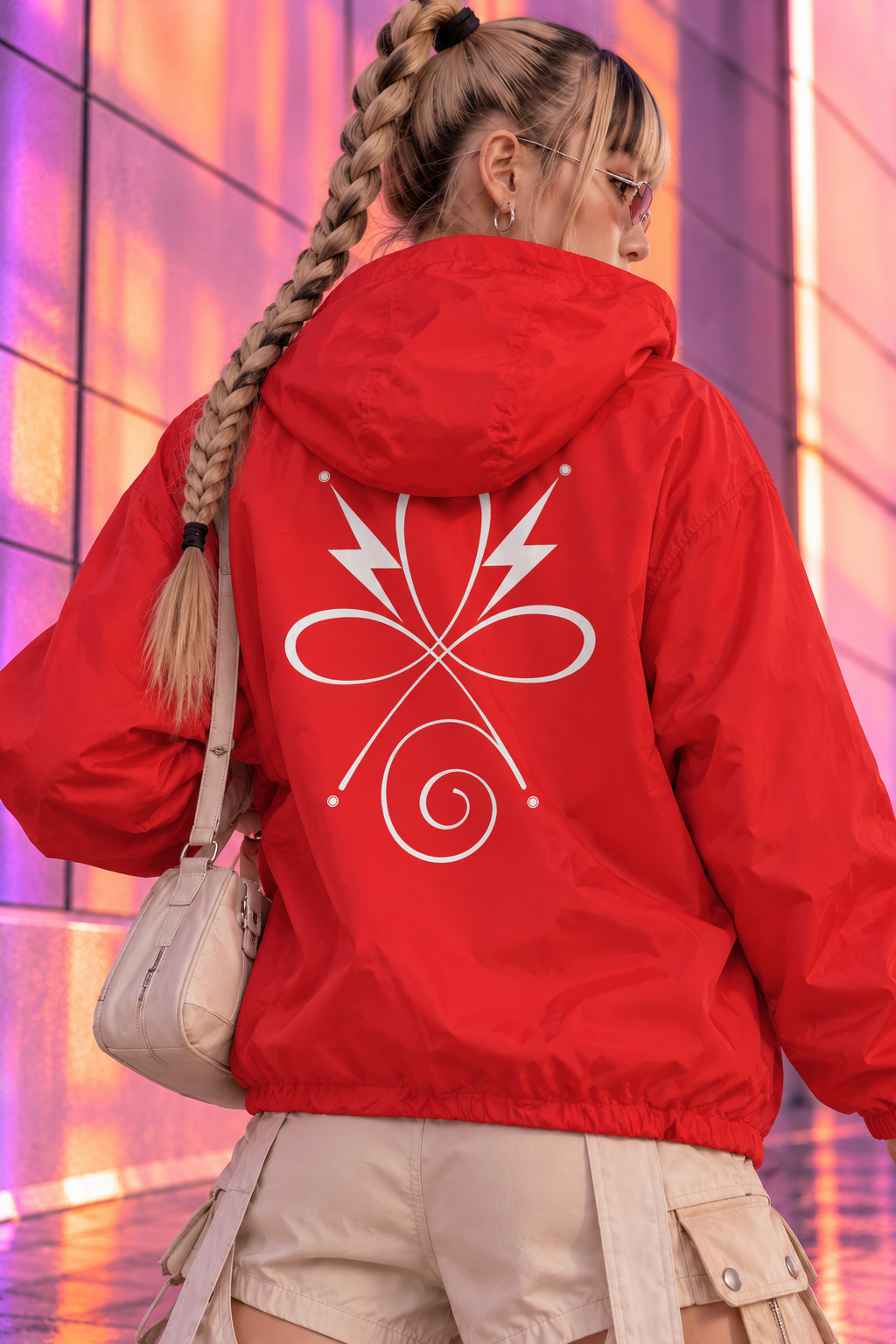 female model shown from behind wearing a bright red hooded jacket with a large white graphic design cyberpunk style on the back, paired with beige cargo shorts and carrying a light beige shoulder bag. The background is a modern glass wall with pink and orange lighting.
