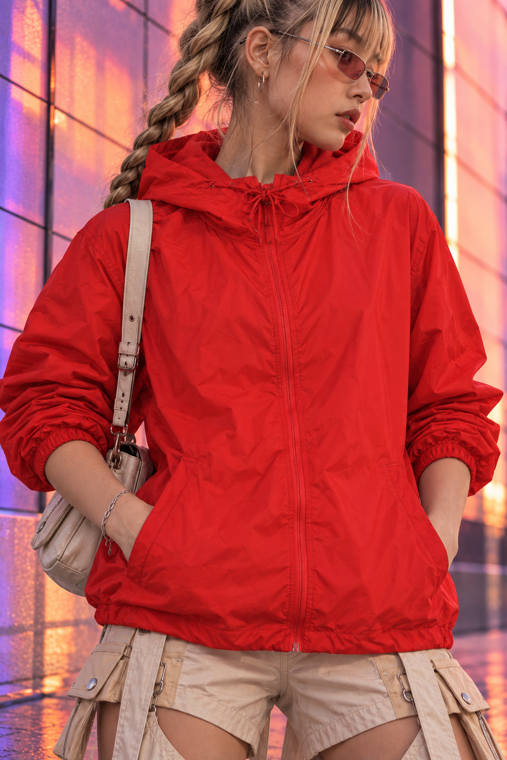 female model wearing a bright red hooded zip-up jacket, beige cargo shorts, and a light beige shoulder bag, standing in front of a colorful glass-paneled wall.