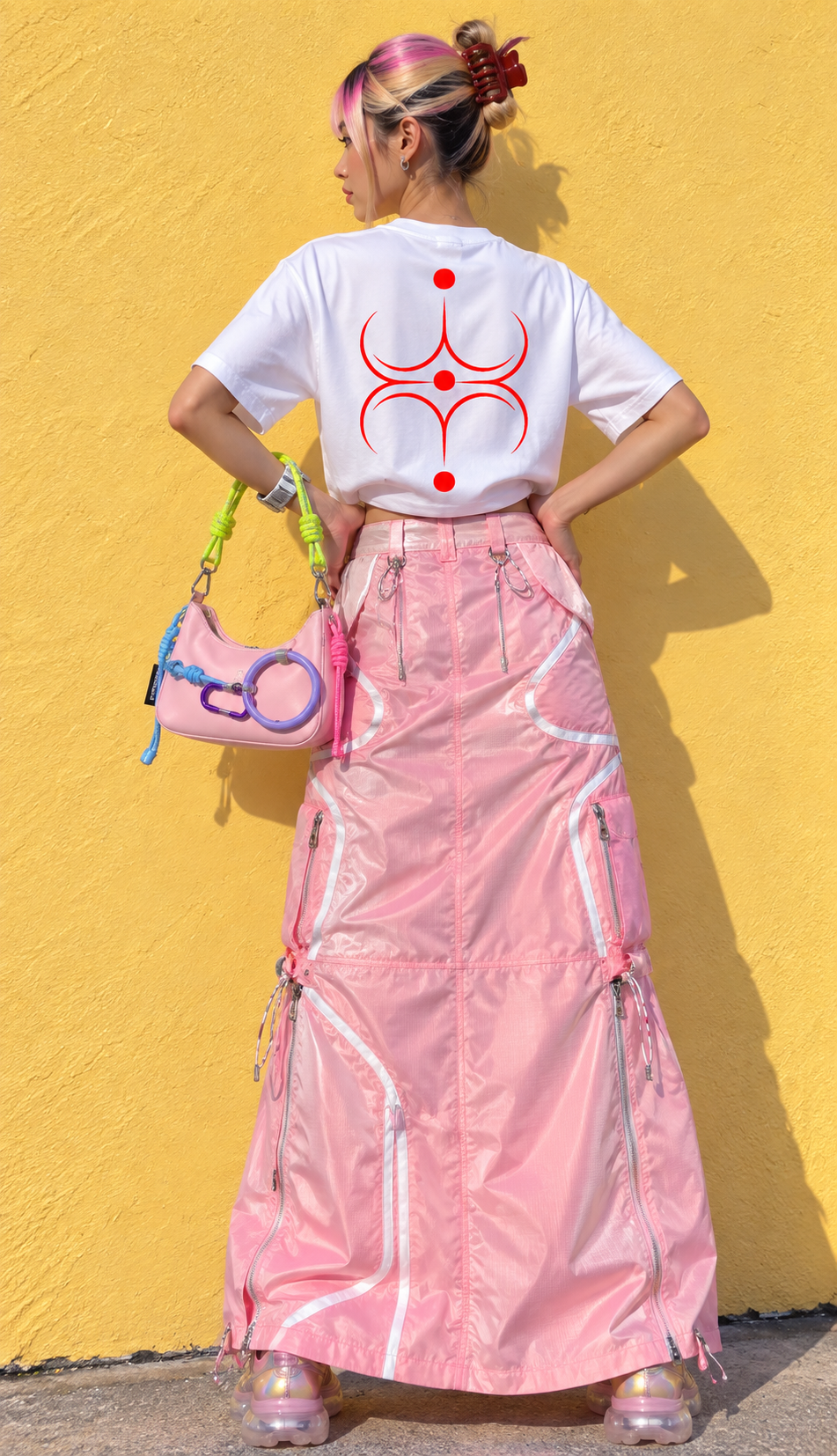 a girl standing front of a pastel yellow wall outside, she have pink, blond and black hair with a frange, a techwear colorful handbag , a techwear pastel pink long skirt with cyber shoes and a white cotton t-shirt with a red geometric abstract graphic curved lines and dots on the back she have her hands on her hips she look on the left. 
